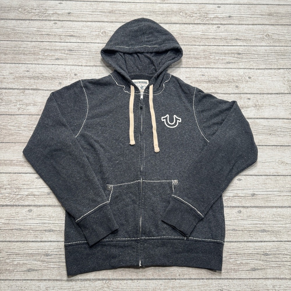 Y2K True Religion Hoodie Men's Medium Gray Fleece Lined Zip Up Pullover Lounge